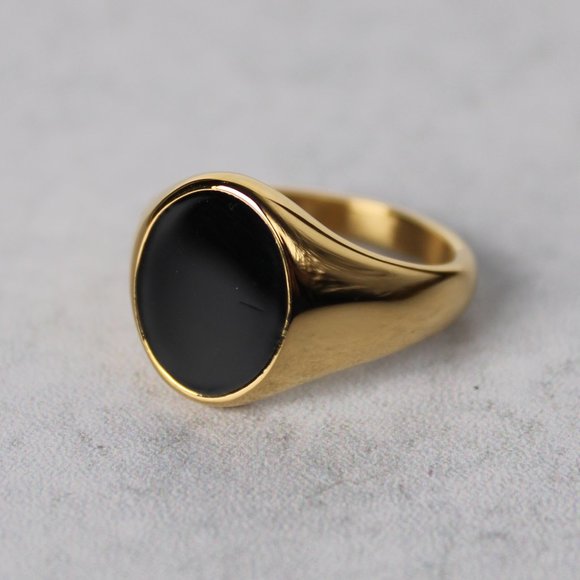 Gold Black Enamel Oval Signet Ring sz 7-12 - Picture 1 of 7